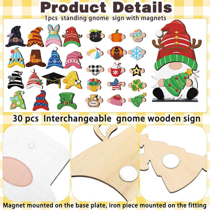 Blulu Christmas Interchangeable Wooden Gnome Decor DIY Holiday Halloween winter Thanksgiving Seasonal Tiered Tray Decoration with Magnet Pieces Welcome Sign for Decorations(Cute)
