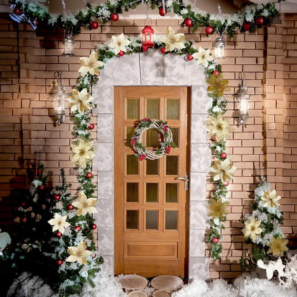38Pcs Gold Christmas Decorations Set Include 24Pcs Artificial Christmas Flowers, Clamp and Stem, 12Pcs Holly Berry Stems, 2Pcs Ribbon, Poinsettia Christmas Tree Picks for Wreaths Garland Decor