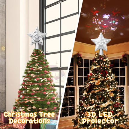Christmas Tree Topper, Christmas Star Tree Topper Built-in LED Rotating Lights, Plug in 3D Sliver Glittered Star Tree Topper for Xmas Party Holiday Decorations