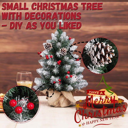 Mini Christmas Tree 2FT with Lights丨White Tabletop Christmas Tree with Flocking Snow Frost Tips Berries Wood Base with Burlap 55CM Small Xmas Pine Tree for Holiday Home Decoration