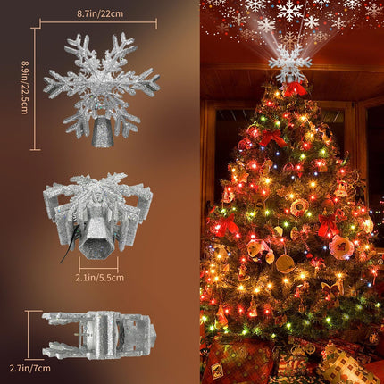 Christmas Tree Topper Lighted with Silver Snowflake Projector, Led Rotating Magic Snowflake, 3D Hollow Glitter Lighted Silver Snow Tree Topper for Christmas Tree Decorations Ornament for Indoor