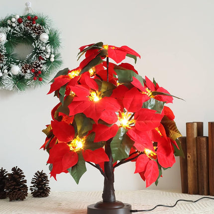 18 LED Poinsettia Tree Lamp Red Christmas Tabletop Tree Light Bonsai Tree Lamp 6 Hrs Timer Battery/USB Operated 8 Lighting Modes for Home Birthday Party Christmas Decor（Warm White）