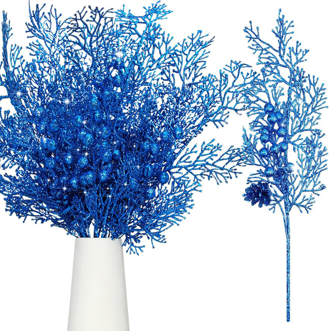 Tigeen 12 Pcs Large Christmas Tree Picks Bulk Glitter Branches Berries Stems Decorations 15.75'' Christmas Twigs Filler Berry Picks for Vase Christmas Tree Ornaments (Blue)