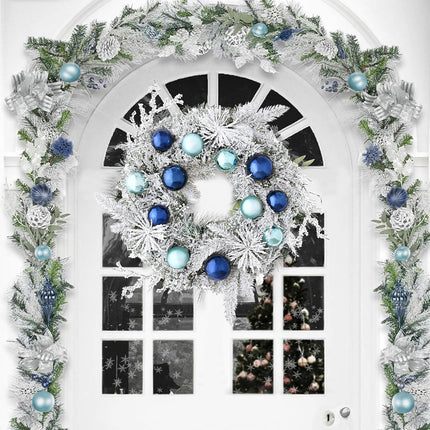 Christmas Wreath Christmas Decorations - 18" Christmas Wreaths for Front Door with Lights, Artificial Snowy Pine Branches Blue Ball Christmas Reef for Home Wall Windows Holiday Xmas Decor