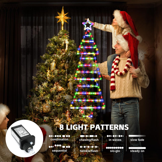 Christmas Decorations, Christmas Lights, 184 LED Lighted Santa Ladder with Star Topper, 4.6ft Christmas Tree Hanging Ornament with 8 Light Modes for Doors, Walls and Windows - Multicolored