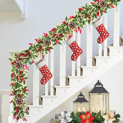 Christmas Garland, 2Pcs Red Berry Garland with Pine Cones, Green Garland Christmas Decorations Indoor, Christmas Tree Garland for Mantle Holly Outdoor Home Table Year Decor
