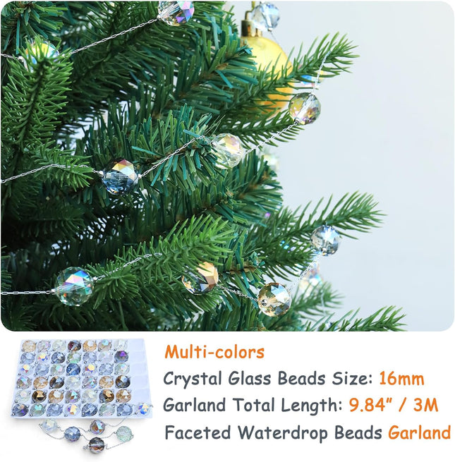 LEFERS 9.8Ft Crystal Glass Balls Christmas Garland,48 Beads 16mm Faceted Prism Beads Strands Hanging Ornament Decoration for Christmas Tree Centerpieces Wedding Party (Multicolor)