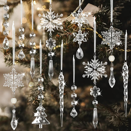 25Pcs Crystal Christmas Ornaments, Acrylic Hanging Snowflake Decorations Icicle Ornaments for Winter Year Party Decor, Xmas Tree Decorations Supplies