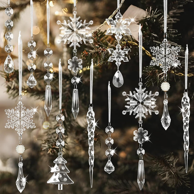 25Pcs Crystal Christmas Ornaments, Acrylic Hanging Snowflake Decorations Icicle Ornaments for Winter Year Party Decor, Xmas Tree Decorations Supplies