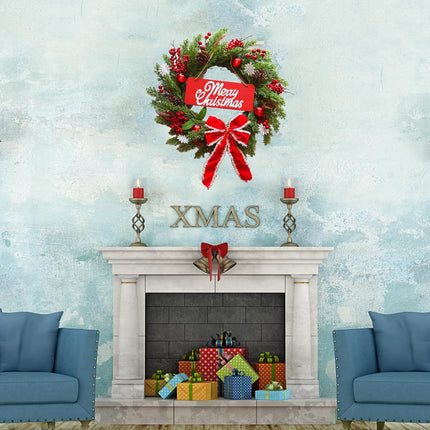 Pre-Lit Artificial Christmas Wreath，BEHONA 21 inch Christmas Snowflake Decorations Wreath Artificial with Lights, Ribbons, Pine Cones for Outdoor Indoor Window Mantle Christmas Decorations
