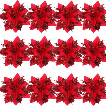 NUOBESTY 12 Pieces Christmas Glitter Poinsettia Flowers Christmas Tree Ornaments Artificial Flowers for Christmas Tree Decoraiton with Stems and Clips (Red)