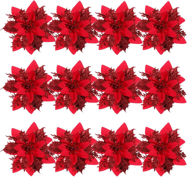 NUOBESTY 12 Pieces Christmas Glitter Poinsettia Flowers Christmas Tree Ornaments Artificial Flowers for Christmas Tree Decoraiton with Stems and Clips (Red)
