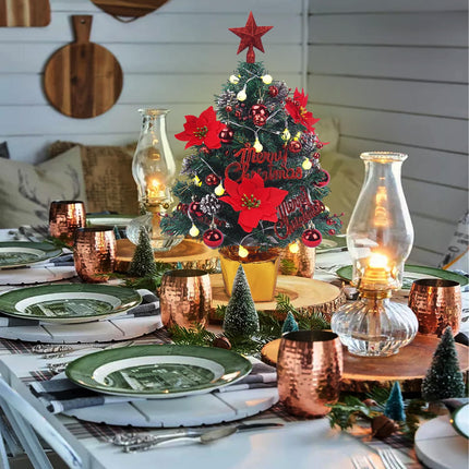 HUAESIN Tabletop Christmas Tree 22 Inch Prelit Tabletop Christmas Tree Small Fake Poinsettia Xmas Tree with LED Lights Red Star Topper Indoor for Home Office Outdoor Holiday Decoration