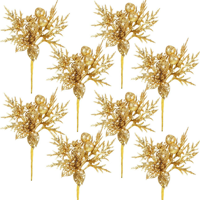 Gejoy 8 Pcs Glitter Christmas Picks with Faux Flower Artificial Leaves Christmas Tree Picks Ornament for Christmas Tree Xmas Wreath Garland Crafts Holiday Wedding Home Decorations, 7.8 Inch(Gold)