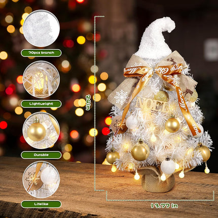 2FT White Small Christmas Tree with Lights,Gnome Tabletop Artificial Christmas Tree Desktop Xmas Tree with Ball Lights, Ornaments,Best DIY Christmas Decorations