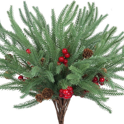 16 Pcs Christmas Berries Pine Picks, Christmas Faux Pine Greenery Stems with Berries and Pine Cones, Artificial Red Berry Pine Branches for DIY Xmas Tree Garland Wreath Home Garden Decoration