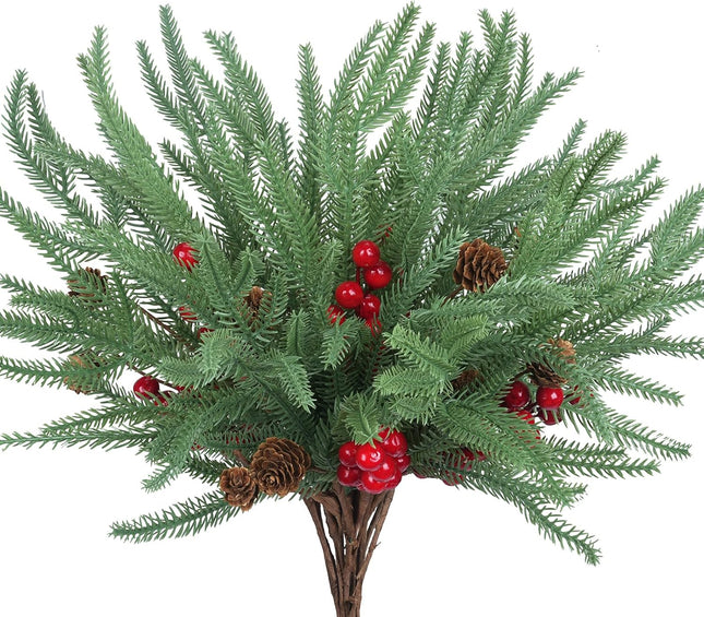 16 Pcs Christmas Berries Pine Picks, Christmas Faux Pine Greenery Stems with Berries and Pine Cones, Artificial Red Berry Pine Branches for DIY Xmas Tree Garland Wreath Home Garden Decoration