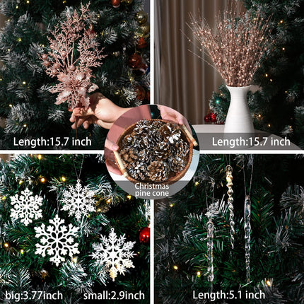 84 Piece Christmas Tree Ornaments Set, Christmas Glitter Berries Stems Poinsettia Flower Artificial Snowflake Icicle Drop - Christmas Decoration DIY Xmas Wreath Holiday Home Party Decor (Rose Golden)