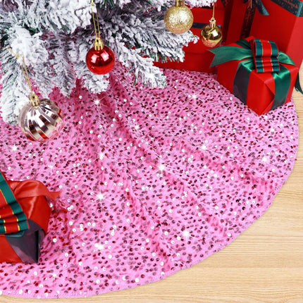 Pink Tree Skirt 36 inch Sequin Christmas Tree Skirts for 6ft Christmas Tree Sequins Embroidered Tree Skirt Round Velvet Christmas Tree Skirt Cover for Winter Holiday Family Party Tree Ornaments