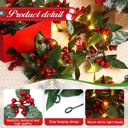 6 Pcs Christmas Garland with 30 LED Lights 36 ft Berry Artificial Garland Warm LED Christmas Decorations Xmas Green Table Decor for Indoor Outdoor Fireplace Stairs Mantel Door Holiday