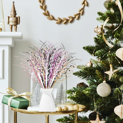 Christmas Glittery Curly Spray and Picks Artificial Curly Wispy Willow Twigs Glitter Curly Branches for Christmas Tree Vase Craft Home Decorations