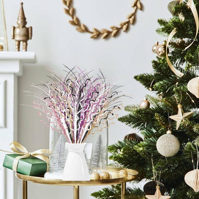 Christmas Glittery Curly Spray and Picks Artificial Curly Wispy Willow Twigs Glitter Curly Branches for Christmas Tree Vase Craft Home Decorations