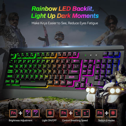 Large Print Rainbow Backlit Gaming Keyboard, Wired USB Light Up Computer Keyboard with Big Letters Keys,12 Multimedia Keys, Wrist Rest, All-Metal Panel,Full Size Keyboard, for PC,Laptop