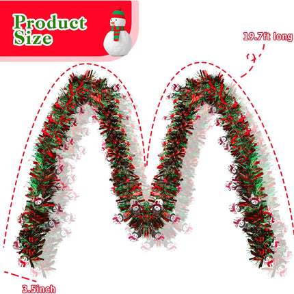 Christmas Tinsel Garland Artificial Christmas Garland Xmas Metallic Twist Hanging Garland Fireplace Mantel Wreath Decor for Staircase Railing Indoor Outdoor Ornaments (Snowman Style,19.7 Feet)