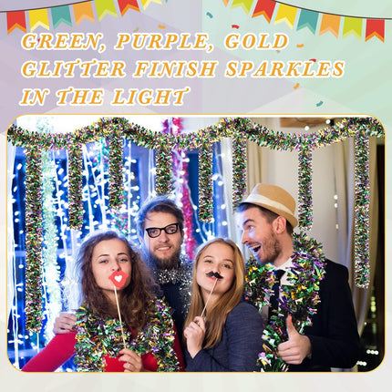 Jutom 108/216/432Ft Mardi Gras Tinsel Garland Green Purple Gold Wide Cut Metallic Streamer Shiny Twist Garland Hanging Decor for Mardi Gras Christmas Tree Oktoberfest Disco Party Supplies(6 Rolls)