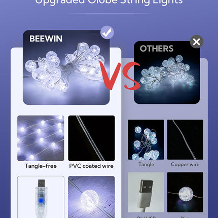 Globe String Lights,10FT 30 LED USB Fairy Lights,8 Modes Crystal Crackle Ball Lights,Waterproof Decorative Christmas Lights for Indoor,Outdoor,Bedroom,Classroom,Wedding,Party,White