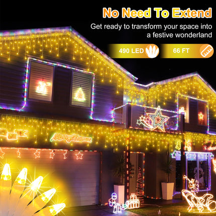 66 FT LED Christmas Lights with 140 Drops, 490 LED Indoor Outdoor Christmas Decorations, 8 Lighting Mode Waterproof Fairy Lights with Timer for Xmas Holiday Wedding Yard Party Warm White