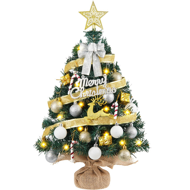 Mini Christmas Tree with 40 LED String Lights 24In/2FT Small Artificial Christmas Tree with 8 Modes Tabletop Fireplace Mantel Table Christmas Decorations Home Indoor Decor