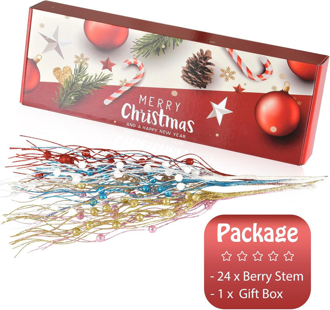 Christmas Artificial Glitter Berry Stem Decorations Decorative Bead Sticks Xmas Picks Glittery Twigs Branches for Christmas Tree Wreath Vase Decor Party Ornaments Black 24 PCS