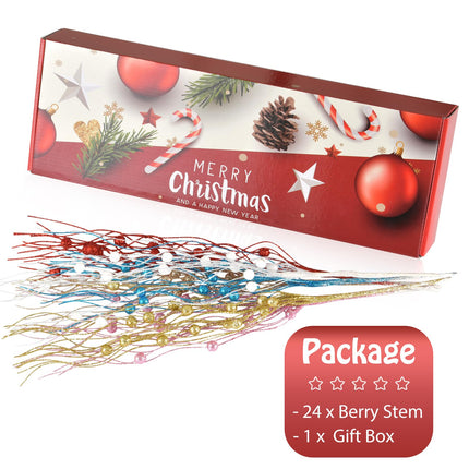 Christmas Artificial Glitter Berry Stem Decorations Decorative Bead Sticks Xmas Picks Glittery Twigs Branches for Christmas Tree Wreath Vase Decor Party Ornaments Red 24 PCS