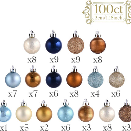 Valery Madelyn Mini Christmas Tree Ornaments Set, 100ct Blue Copper and Gold Shatterproof Christmas Tree Decorations Bulk, 1.18 Inches Hanging Ball Ornaments for Xmas Trees Holiday Decor