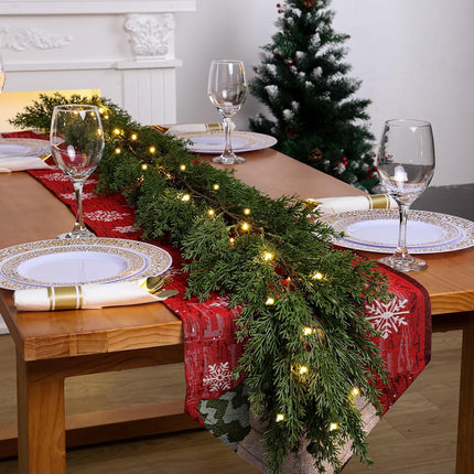 6.2 FT Prelit Christmas Cedar Garland 2 PCS, Realistic Artificial Pine Needle Garland Faux Cypress Greenery Garland with 20 Lights for Christmas Table Mantle Wall Room Outdoor Indoor Winter Decoration