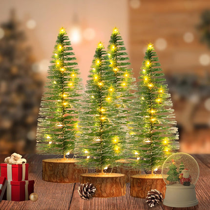 4 Pcs Mini Christmas Trees, 8 Inch Artificial Christmas Bottle Brush Trees with Fairy Lights Battery Powered Tabletop Tree Decoration (Warm White)