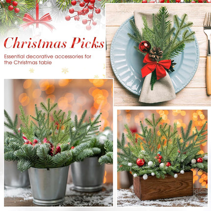 Yunlly 80 Pcs Christmas Artificial Pine Needle Branches 4 Styles Garland Greenery Plant Winter Fake Stems Xmas Tree Picks for DIY Wreath Centerpiece Vast Home Winter Wedding Party Decoration(Classic)