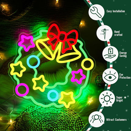Christmas Wreaths Neon Signs，Dimmable Christmas LED Light Sign XMAS Bells Neon Light For Holiday Party Home Bar Festival Wall Decor USB Powered