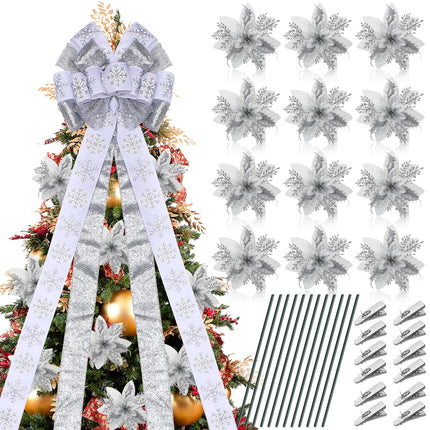 Yinkin Christmas Tree Topper Bow Set 10'' x 13'' Large Velvet Bow with Long Streamers Sun Flower Shape Bow with 12 Pcs 5.5 Inch Artificial Poinsettia Flowers for Xmas Indoor Party Decor (Silver)