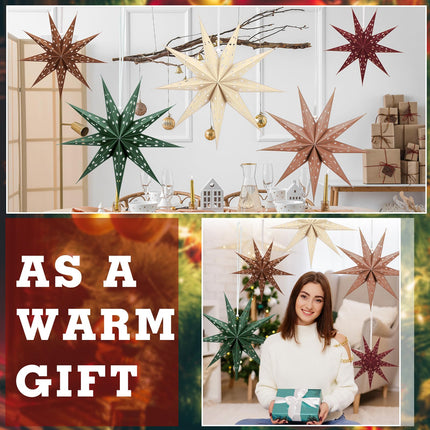 5 Set Christmas 3D Paper Star Lantern 9 Pointed Hanging Star Paper Lantern 24 Inch Hollow Star Paper Lantern Lampshade for Xmas Wedding Birthday Party Decor(Brown, Green, Beige, Red)