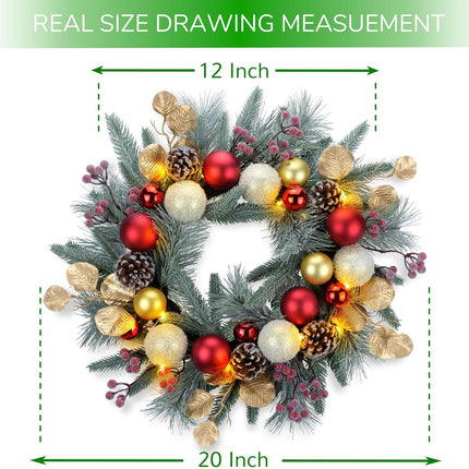 YULETIME 20-inch Christmas Wreath, Battery Operated Holiday Wreath with 20 Fairy Lights, Red & Gold Baubles, Frosty Red Berries, Pine Cones, Golden Leaves, Frosted Spruce Branches & Pine Needles (Red)