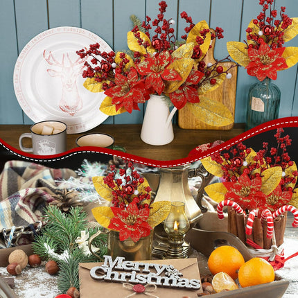 4 Pcs Christmas Poinsettia Picks Christmas Magnolia Flowers Artificial Glitter Christmas Flowers with Christmas Balls Red Berries Gold Leaves for Xmas Tree Wreath Vase Floral Arrangement