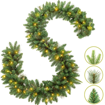 KING BIRD Pre-lit Christmas Garland, 9 FT by 12 Inch, Classic Green Christmas Garland with 50 Warm Lights 300 Branch Tips for Indoor and Outdoor Decoration