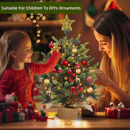 2 Pack 24 Inch Tabletop Small Christmas Trees with Lights Timer Full PE Pine Artificial Mini Christmas Tree Realistic-Feel Tips Red Berries Pinecone Stable Base Christmas Decorations Indoor Xmas Home