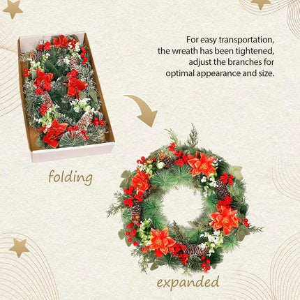 QBA 20 Inch Christmas Wreath for Front Door, Handmade Artificial Wreath with Red Poinsettias Pine Cones Berry Pine Needles for Fireplace Windows Staircase Wall Indoor Outdoor Xmas Decor