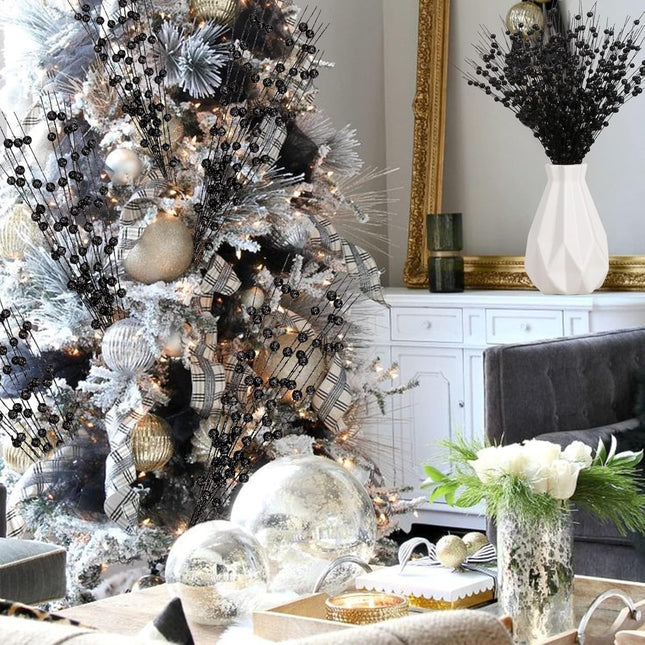 12 PCS Artificial Glitter Berry, Black Christmas Glitter Picks Artificial Berries Stems Ornaments Fake Xmas Stem Decorative Sticks for Vases Tall DIY Wreath Home Decor Halloween Decoration (15.8’’)