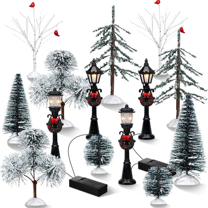 14 Pcs Christmas Accessories Village Figurine Miniature Pine Trees Snow Artificial Christmas Trees Bare Branch Trees Street Lights Lamps for Xmas DIY Crafts Winter Room Landscape (Exquisite Style)
