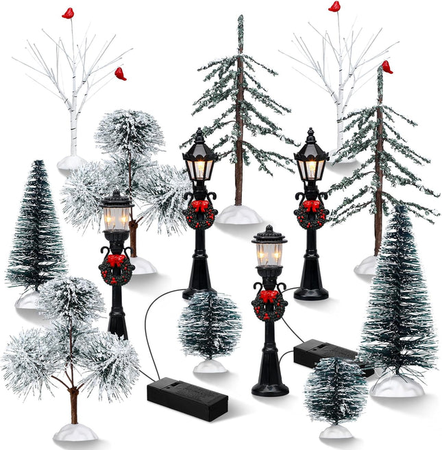 14 Pcs Christmas Accessories Village Figurine Miniature Pine Trees Snow Artificial Christmas Trees Bare Branch Trees Street Lights Lamps for Xmas DIY Crafts Winter Room Landscape (Exquisite Style)