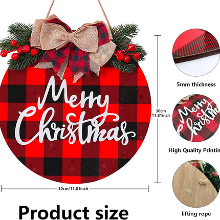 Merry Christmas Wood Sign Christmas Decoration Hanging Sign Christmas Wall Decor Rustic Wooden Plaid Wreath Christmas Decor Wood Round Yard Sign Farmhouse Christmas Front Door Sign